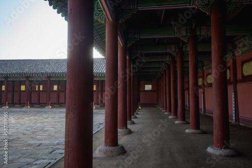 The Throne Hall or Geunjeongjeon at Gyeongbokgung Palace and around during winter morning at Jongno-gu , Seoul South Korea : 8 February 2023 © fukez84