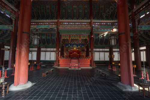 The Throne Hall or Geunjeongjeon at Gyeongbokgung Palace and around during winter morning at Jongno-gu , Seoul South Korea : 8 February 2023