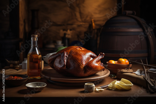 Close up Beijing Peking duck on wooden Board, generative AI