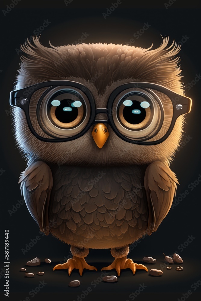 Cute owl with glasses and coffee beans on a black background. Generative AI illustration