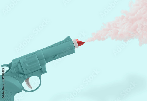 Minimal abstract funny scene made with gun, red lipstick and pale-pink smoke on isolated pastel blue color background. Creative concept of love troubles or quarrel. photo