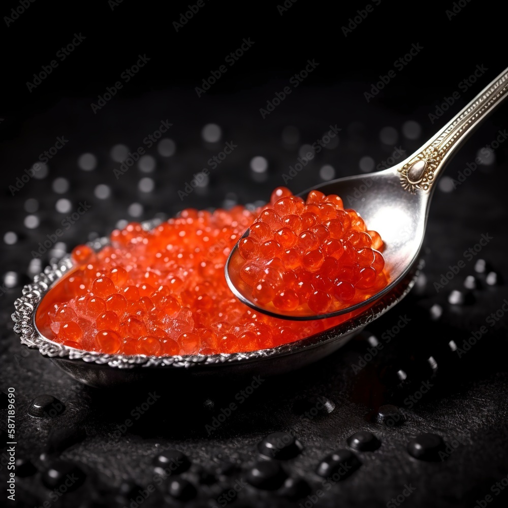 red caviar on spoon. red caviar on spoon.