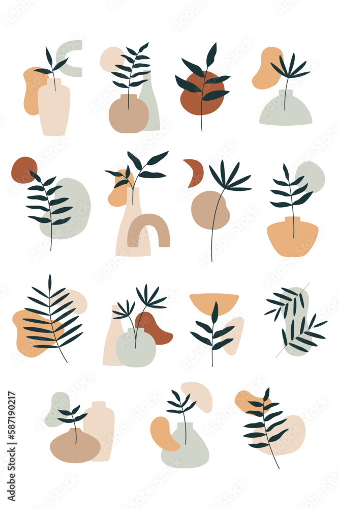 Abstract shapes and leaves element vector flat design illustration set