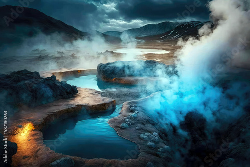 A World Of Steaming Hot Springs And Geysers. Generative AI