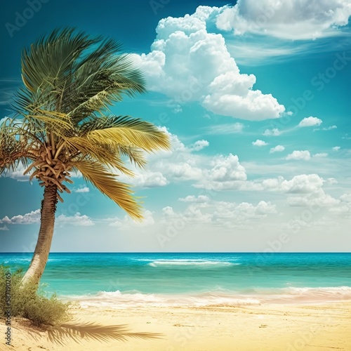 lovely seascape On a hot, sunny day, a tropical beach with yellow sand and a palm tree slanting toward the ocean's turquoise sea is seen. cloudy sky that is blue. Summertime getaway ,Generative AI.