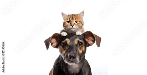 Portrait of a cute cat on adorable puppy. Concept of happy national pet day.