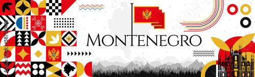 The Montenegro Independence Day abstract banner design with flag and map. Flag color theme geometric pattern retro modern Illustration design. Red, Blue and Yellow color template.