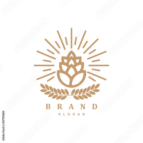 Vintage shiny brewery logo, label, badge template with hop for beer house, bar, pub, brewing company