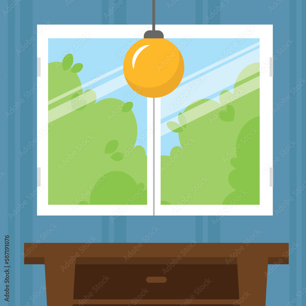 Fototapeta premium Window with green trees in the room vector flat design illustration. Square layout.