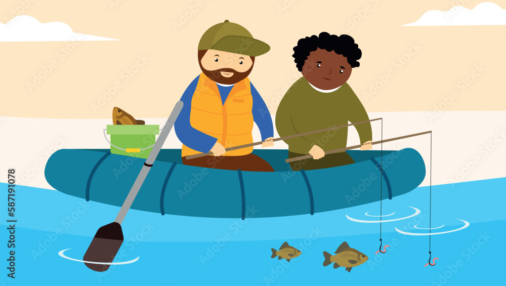 Two friends fishing on a boat. Vector illustration in flat style