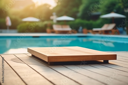 Empty wood table in front of swimming pool at summer blurred background concept image for product Generative AI