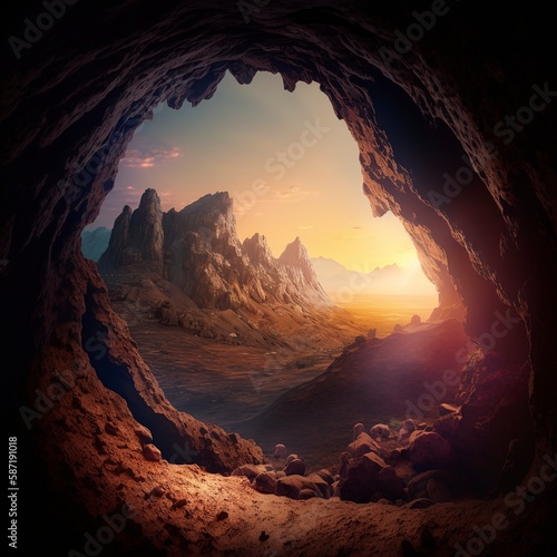 nature at daybreak in a cave at the peak of a mountain. the idea of freedom, Generative AI.
