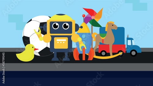 Cartoon robot with toys on the road. Vector illustration in flat style