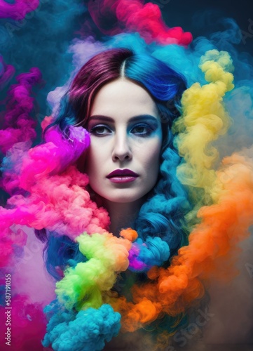 Beautiful girl on a background of colored smoke. Generative AI