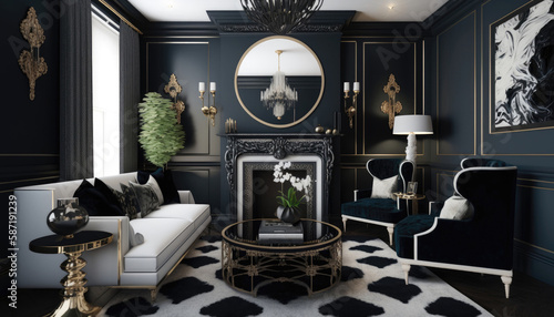 Hollywood Glam Style A Luxurious Living Room With Bold Black And White Accents The Walls Are Painted. Generative AI
