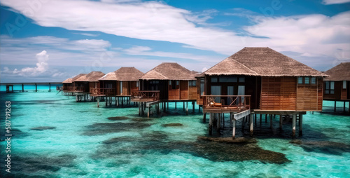 Houses In The Water In The Maldives. Generative AI © Ян Заболотний