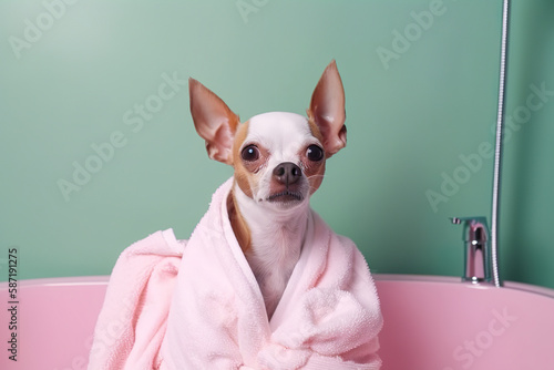 Abstract relaxing creative concept, a small cute dog wrapped in a towel, in a pastel pink bathrobe in the bathtub. Dog spa, dog bathing and grooming. Illustration, Generative AI.