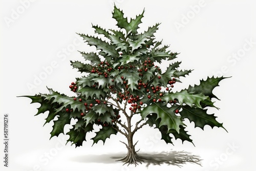 Holly Tree On A White Background. Generative AI