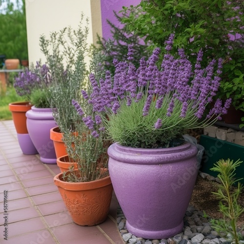 On the patio of the house  lovely pots with purple lavender in bloom can be seen. domestic plants. Floriculture  Generative AI.