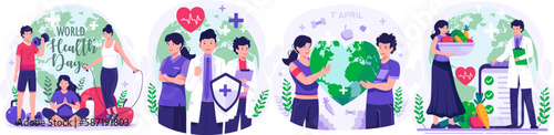 Illustration Set of World Health Day concept with Group of staff medical doctors and nurses, people living healthy activity, person jogging, cycling, yoga. vector illustration