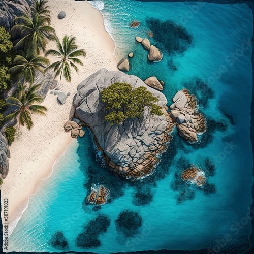 Overhead view of a summer scene with a blue sea  a lovely sandy beach  and rocks and stones in the ocean. tropical setting with a beach  Generative AI.