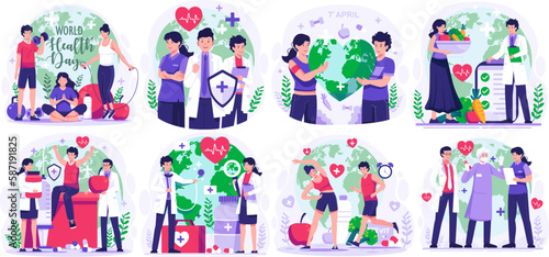 Huge Illustration Set of World Health Day concept with Group of staff medical doctors and nurses, people living healthy activity, person jogging, cycling, yoga. vector illustration