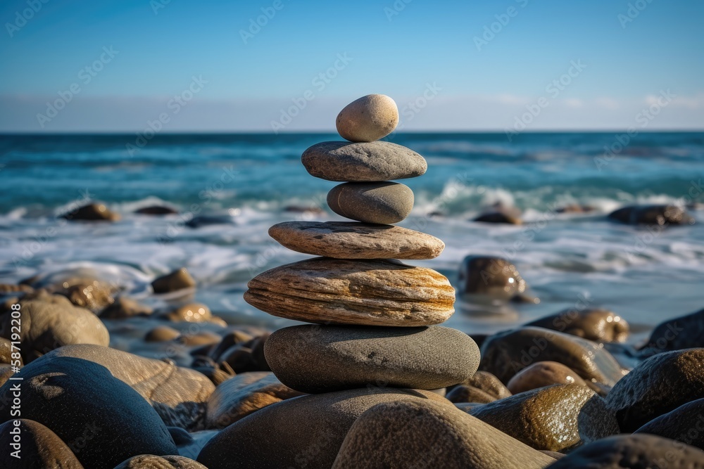 idea of balance and harmony. Set stones in opposition to the ocean. Scales formed from rock zen. Generative AI idea of balance and harmony. Set stones in opposition to the ocean. Scales formed from rock zen. Generative AI