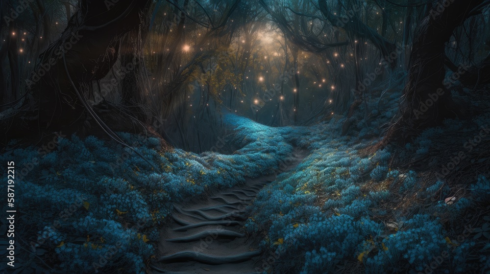 Mysterious forest path of blue tones. Created with Generative AI.