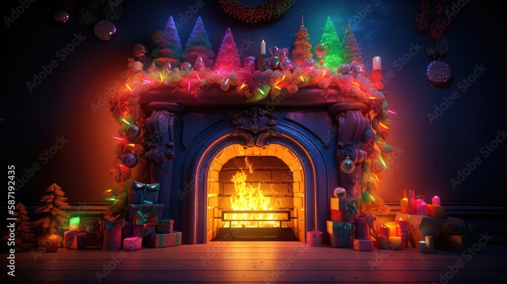 Magic Christmas fireplace. Created with generative AI.