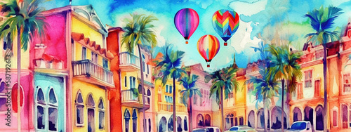 Watercolor illustration of a street with palm trees and hot air balloons. Generative AI © Slava