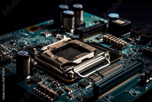 Central computer processors CPU on motherboard, technology background, chip on board, digital computer science. Generative AI Technology