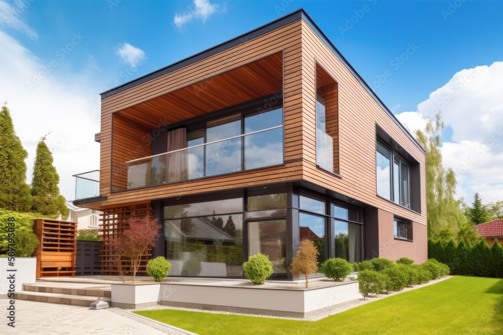 Exterior image of a new luxurious modern house eco friendly. Sustainability in urban construction nowadays. Generative AI Technology Exterior image of a new luxurious modern house eco friendly. Sustainability in urban construction nowadays. Generative AI Technology