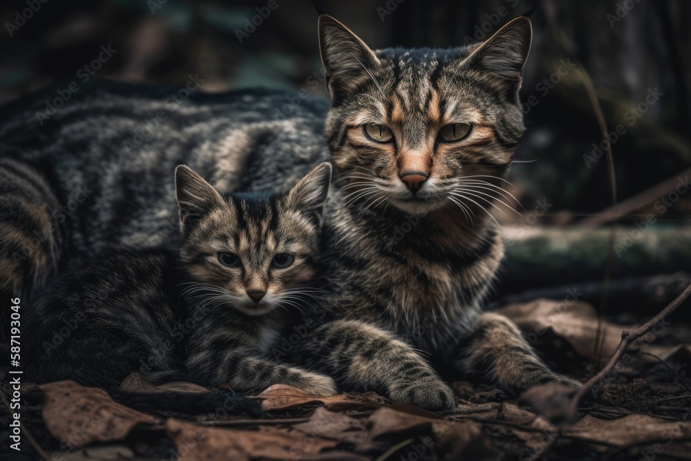 Mobile photography of a cat mother and her youngster. Generative AI