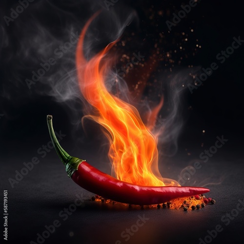 spicy chili peppers that pack a punch. The burning sensation of spicy food and spices is symbolized by a fresh red chili pepper in flames ,Generative AI.