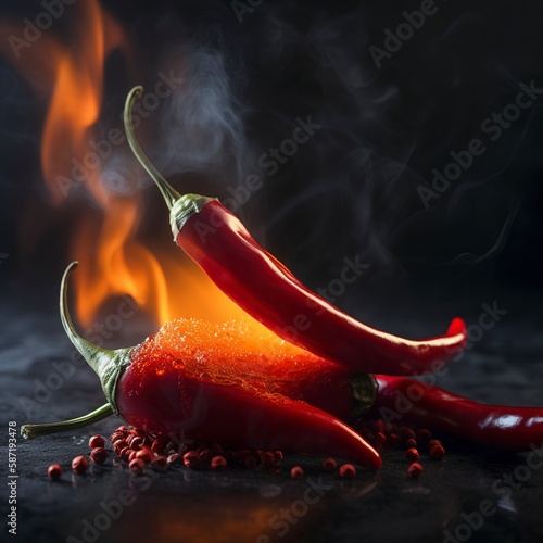 spicy chili peppers that pack a punch. The burning sensation of spicy food and spices is symbolized by a fresh red chili pepper in flames ,Generative AI.