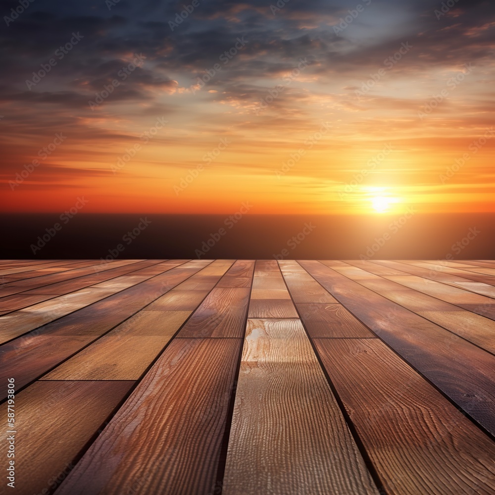Sunset background and a wooden tabletop that is empty ,Generative AI.