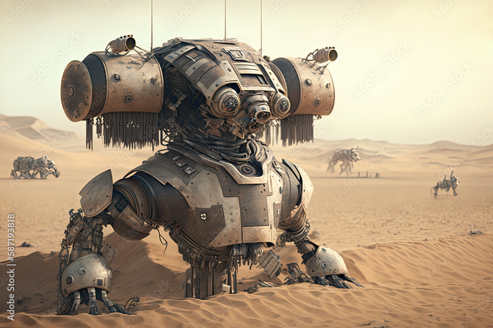 A futuristic robot, droid soldier warrior preparing for war, battle - navy, army, air force, SWAT. Science fiction, technology movies, film A futuristic robot, droid soldier warrior preparing for war, battle - navy, army, air force, SWAT. Science fiction, technology movies, film