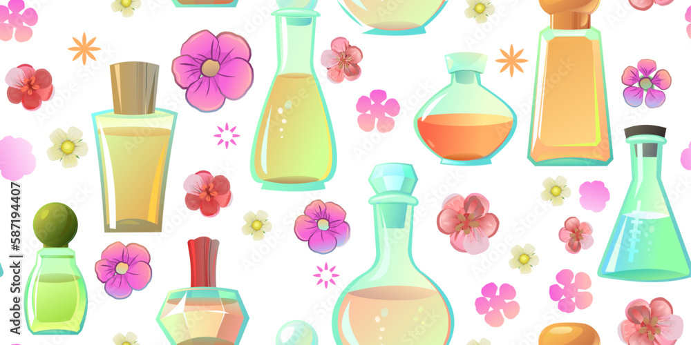 Perfumes and scents items seamless pattern. Cartoon style. Fragrant aromatic liquid in glass container. Fragrance for women and men. Isolated on white background. Vector. Perfumes and scents items seamless pattern. Cartoon style. Fragrant aromatic liquid in glass container. Fragrance for women and men. Isolated on white background. Vector.