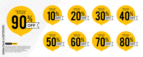 Discount Sticker of Special Offer 90% Off . 10, 20, 30, 40, 50, 60, 70, 80 percent. Black and Yellow Tag, Price Discount Label. Vector Illustration photo