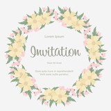 Fresh yellow flowers wreath floral wallpaper template on isonlated white background. Botanical bouquet flower and leaf branch for greeting or wedding anniversary. Vector invitation card concept.