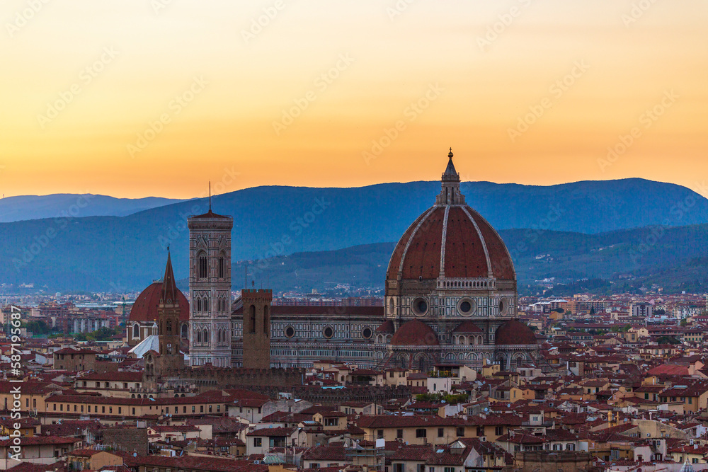 Florence Cathedral at sunset and the mountains