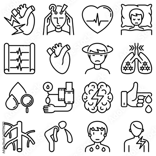 Heart attack symptoms thin line icons set: dizziness, dyspnea, cardiogram, panic attack, weakness, acute pain, cholesterol level, nausea, diabetes. Modern vector illustration.