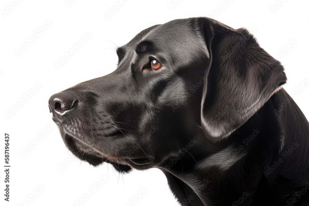 Portrait of a black labrador dog. Photographed in a studio on a white background. Portrait from the side. The dog is standing. Generative AI