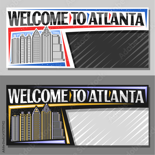 Vector layouts for Atlanta with copy space, decorative template with line illustration of atlanta city scape on day and dusk sky background, art design tourist card with words welcome to atlanta