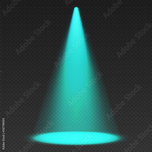 Stage limelight. Blue cone light from top with darkened edges.. Volumetric spotlight effect on dark background. Empty studio or concert scene. 3d rendering.