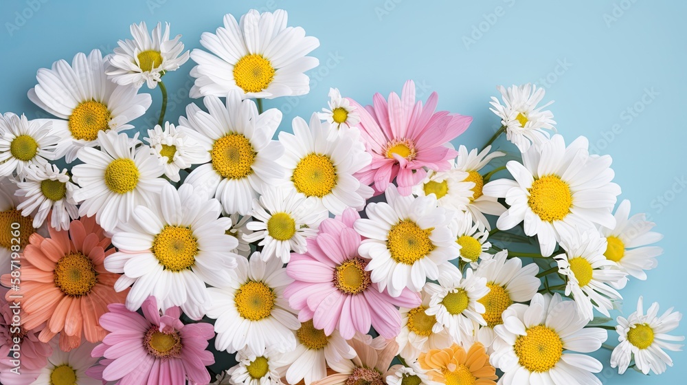 Fototapeta premium Fresh and delicate daisies on a pastel background, vibrant and colorful. Aesthetic and elegant floral composition. Generative AI