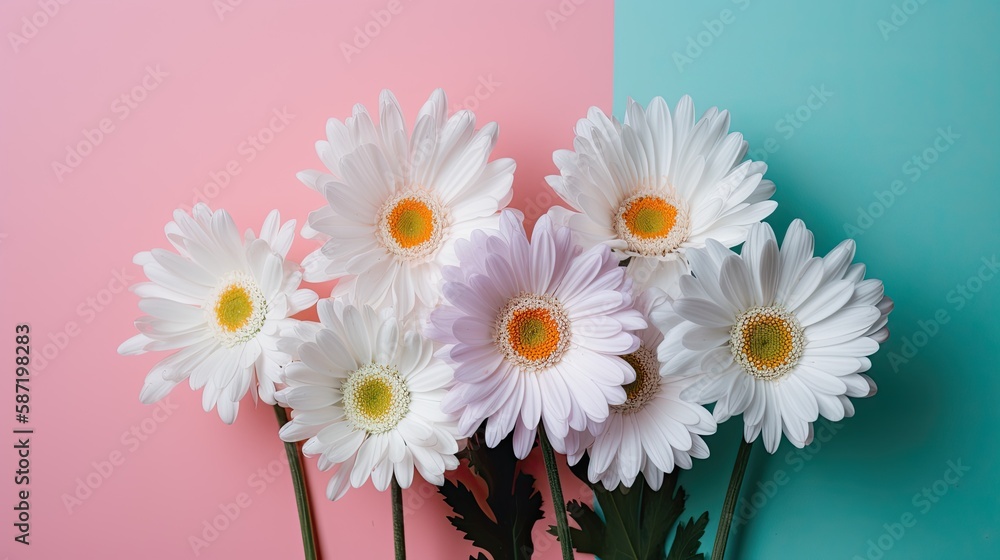 Obraz premium Fresh and delicate daisies on a pastel background, vibrant and colorful. Aesthetic and elegant floral composition. Generative AI