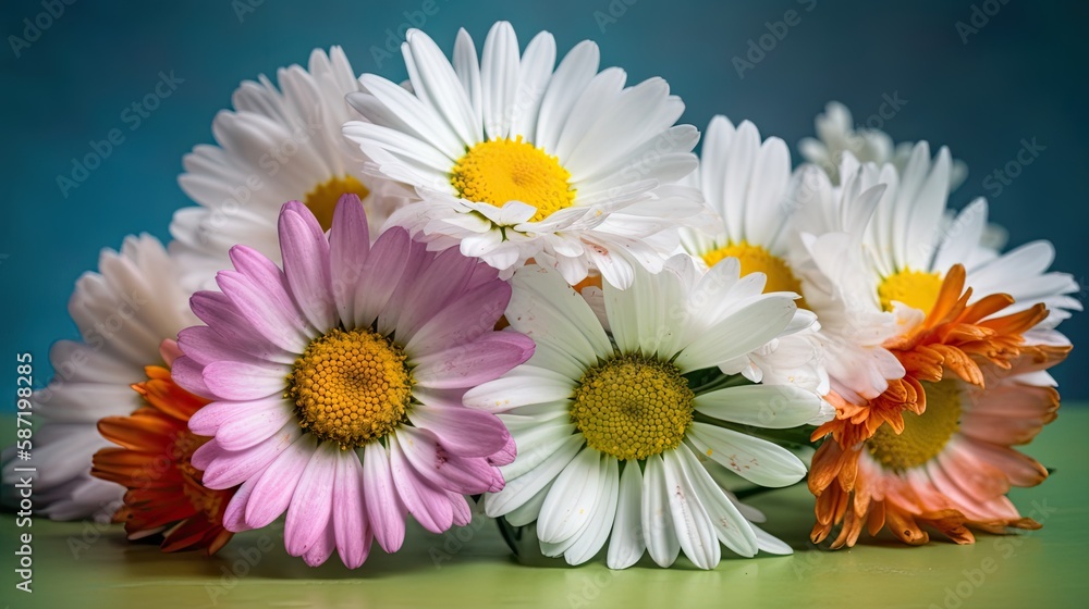 Obraz premium Fresh and delicate daisies on a pastel background, vibrant and colorful. Aesthetic and elegant floral composition. Generative AI