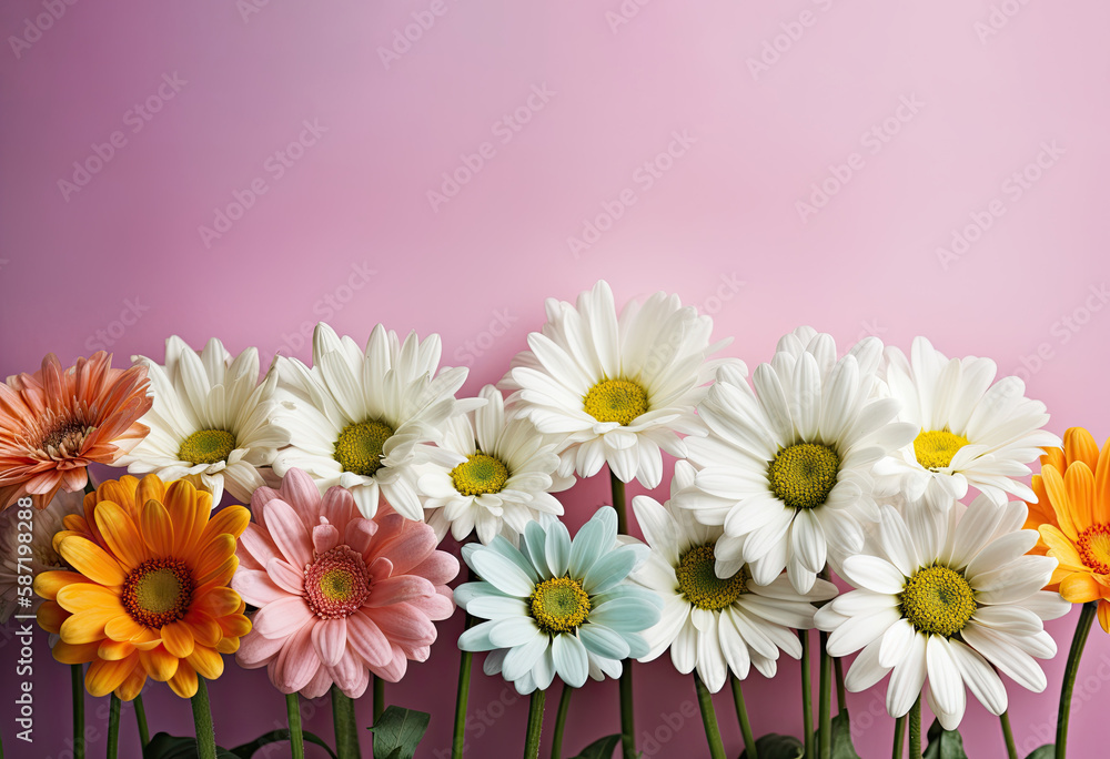 Fototapeta premium Fresh and delicate daisies on a pastel background, vibrant and colorful. Aesthetic and elegant floral composition. Generative AI