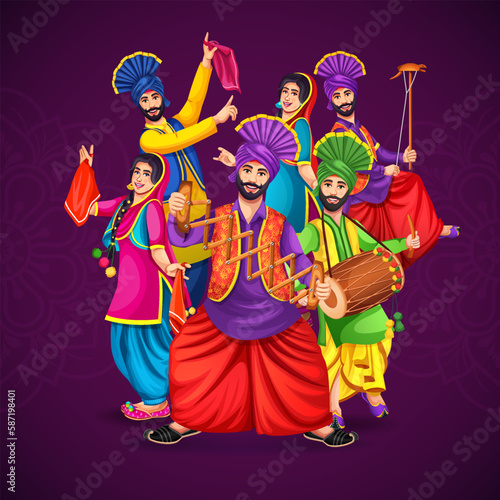The group of modern Bhangra dancers. Fun character celebrate. Background party music. Vector illustration. Artists of Punjabi dance groups perform the famous Bhangra dance on the occasion of festivals